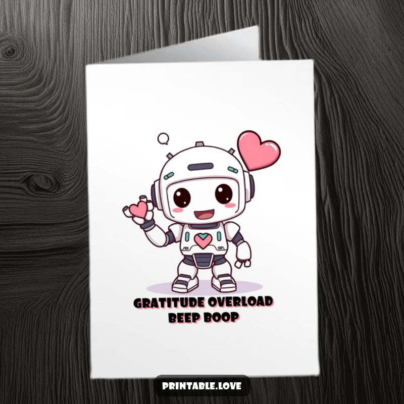 Funny Free Printable Thank You Card: Kawaii robot performs an exaggerated bow with a heart, showing thanks.