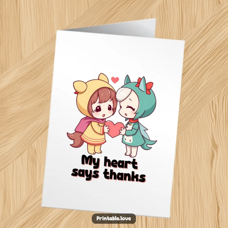 Free Printable Thank You Card: Playful character shyly giving a heart to another character as a token of thanks.
