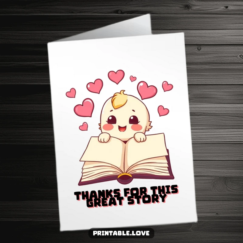 Funny Free Printable Thank You Card: A joyful book character with hearts flying from its pages, expressing deep thanks.
