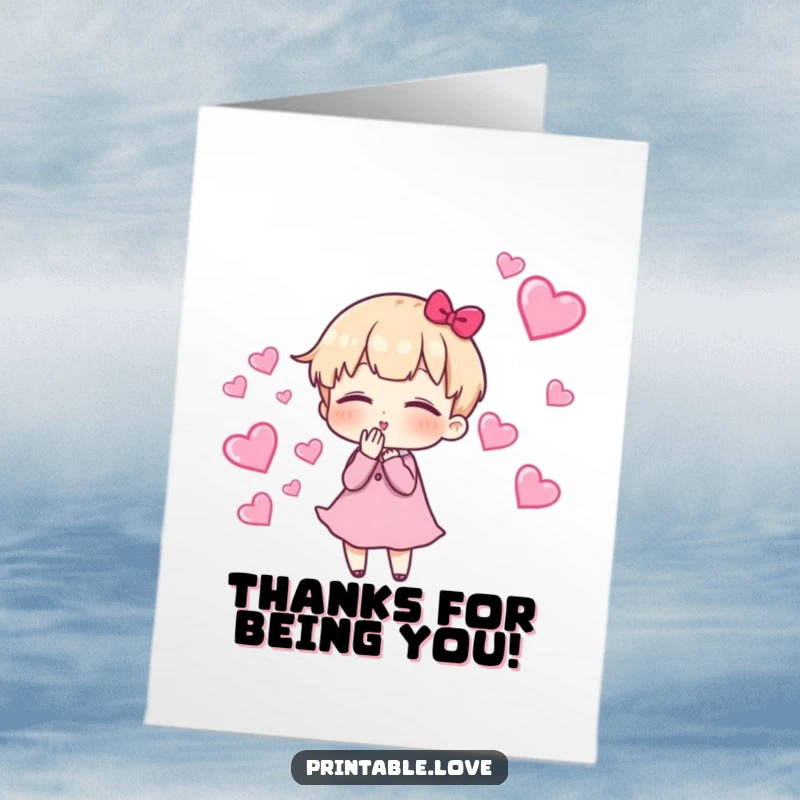 Funny Free Printable Thank You Card showing a character blowing kisses with a trail of hearts, perfect for showing thanks.