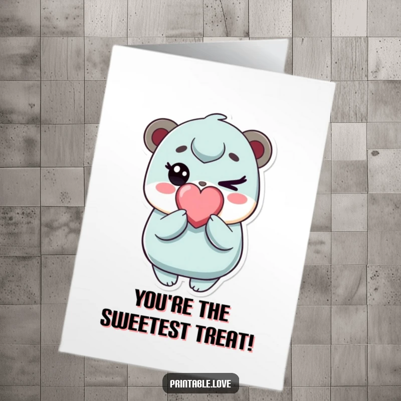 Funny Free Printable Thank You Card: Kawaii character winking with a heart candy, expressing sweet appreciation.