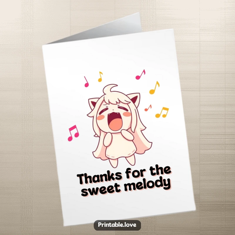 Funny Free Printable Thank You Card with a character singing loudly with musical notes, a humorous DIY gift.
