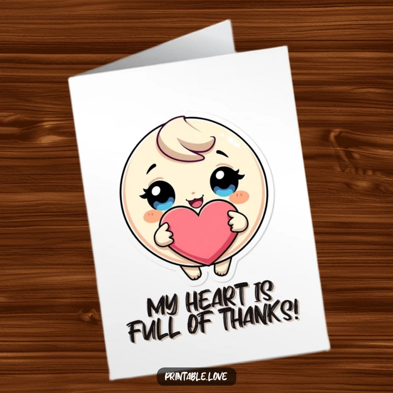 Funny Free Printable Giggling Heart Character Thank You Card with huge eyes, holding a giant heart, expressing sincere thanks.