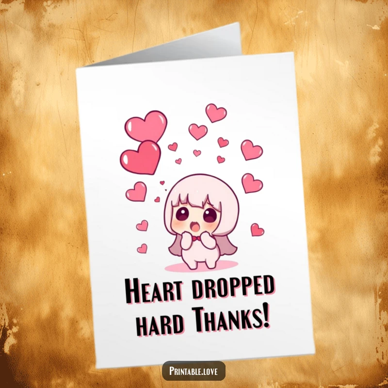 Funny Free Printable Thank You Card: Character reacts with surprise to a heart falling from the sky.