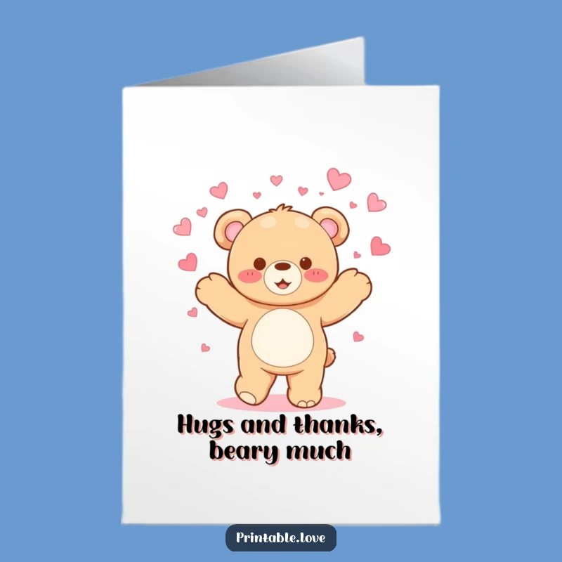 Free Printable Bear Thank You Card: Dancing Hearts Downloadable Gift for Gratitude