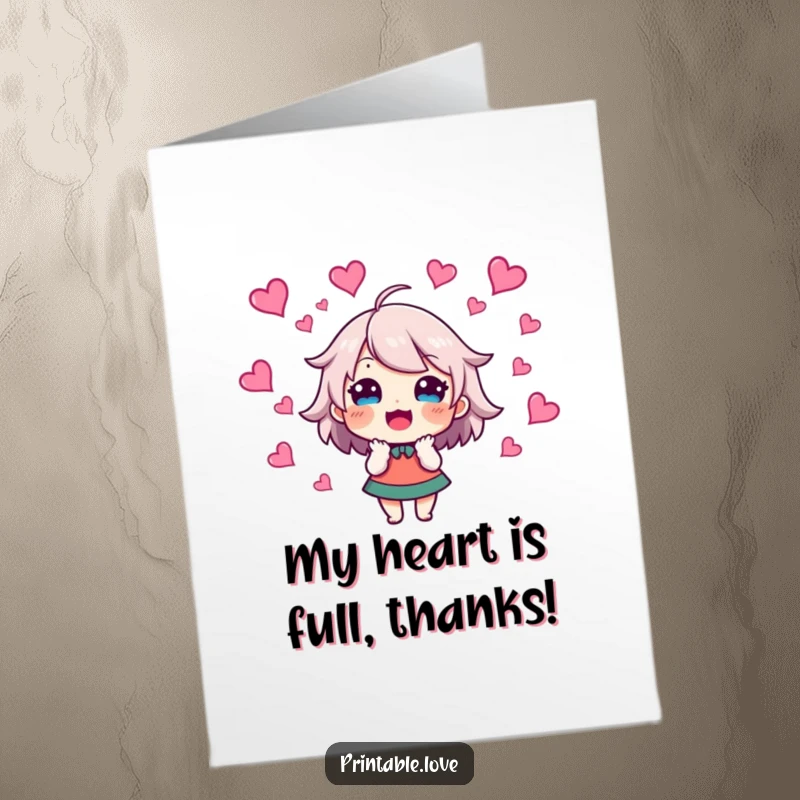Funny Free Printable Thank You Card of an excited character with hearts swirling, showing immense and happy gratitude.