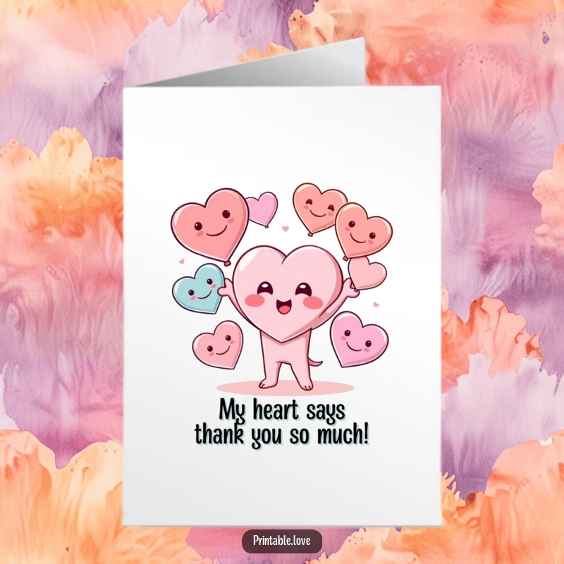 Funny Free Printable Kawaii Heart Thank You Card, cute heart character juggling hearts, perfect for expressing heartfelt thanks.