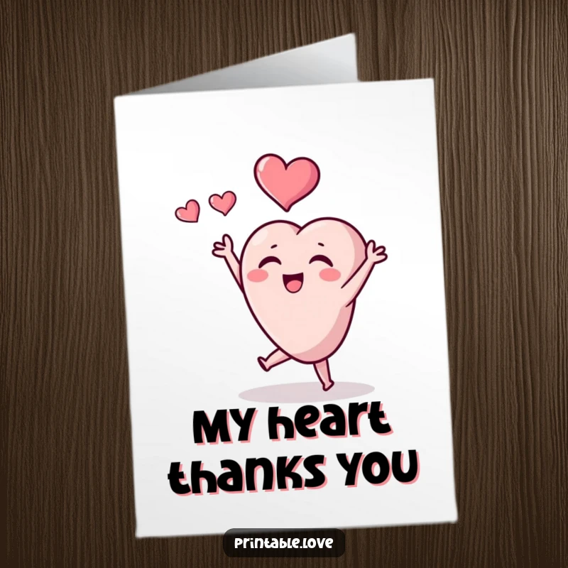 Free Printable Thank You Card: Tiny heart character joyfully tossing a heart to express sincere thanks.