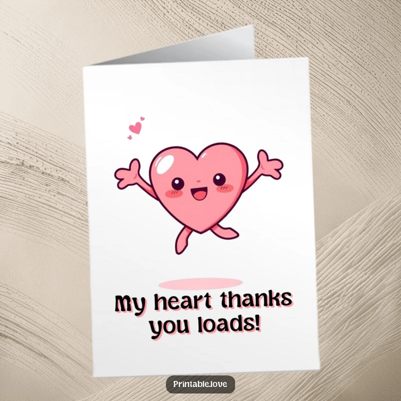 Funny Free Printable Joyful Heart Thank You Card leaping with joy, expressing sincere gratitude and appreciation with a smile.