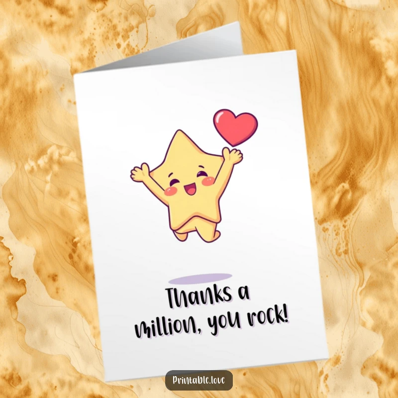 Funny Free Printable Kawaii Star Thank You Card, star character leaping with heart, perfect for expressing joyful gratitude.