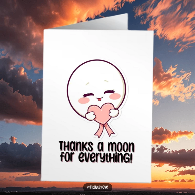 Funny Free Printable Thank You Card: Mischievous moon winks, offering a heart-shaped ribbon of thanks.