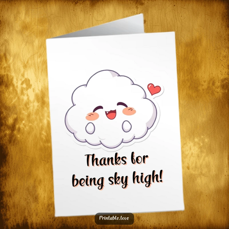 Funny Free Printable Thank You Card featuring a giggling kawaii cloud and a floating heart, spreading happiness.