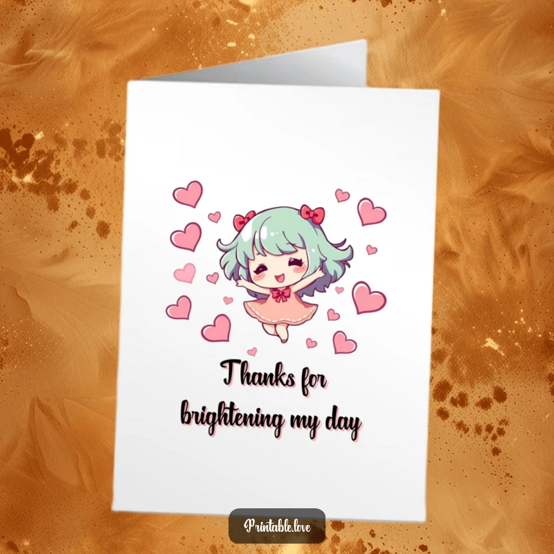 Funny free printable thank you card featuring a character dancing joyfully among hearts, expressing sweet gratitude.