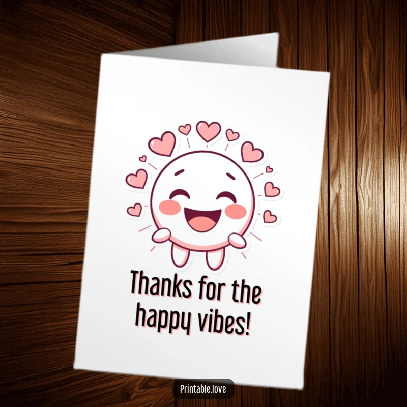 Funny Free Printable Laughing Smiley Face Thank You Card radiating hearts, showing a kawaii character in fits of joyous laughter, perfect for thanks.