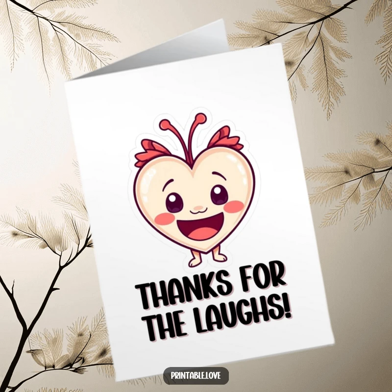 Funny Free Printable Thank You Card showing a heart character with wide eyes bursting with laughter, conveying thanks with comedic joy.