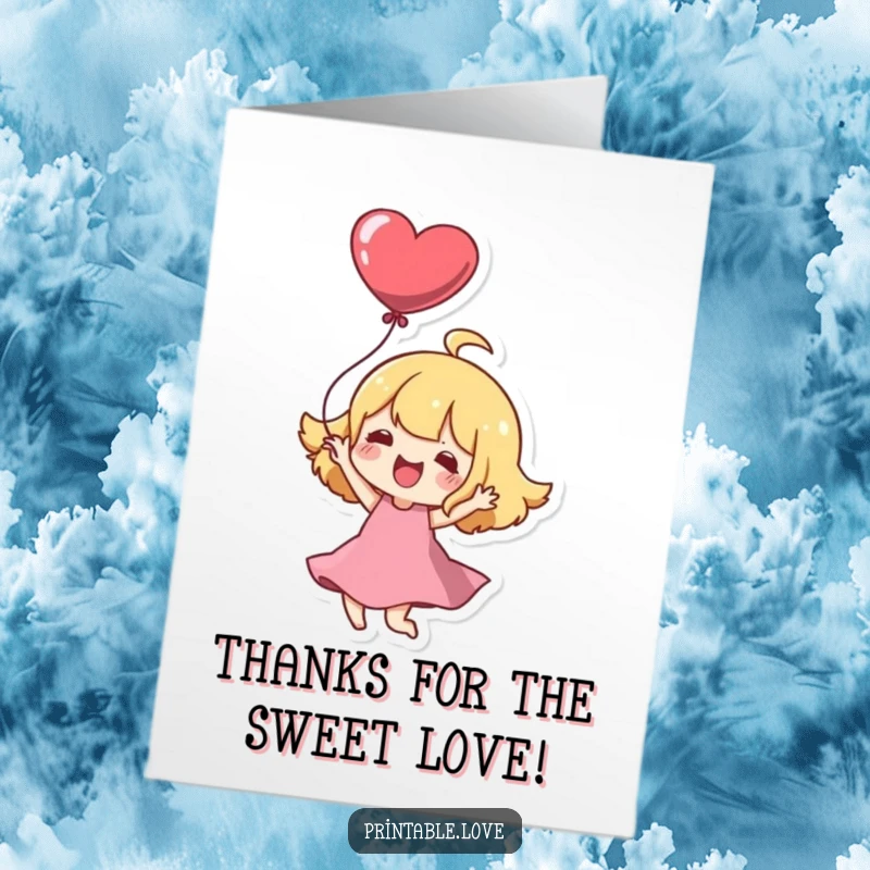 Funny Free Printable Thank You Card: Kawaii character joyfully twirling with a heart balloon, expressing thanks with adorable charm.