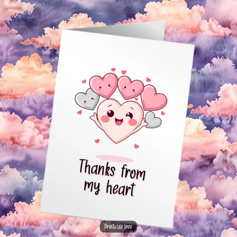 Funny Free Printable Thank You Card: A kawaii heart character joyfully juggling hearts, expressing immense gratitude with a smile.