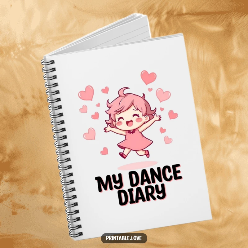 Funny Notebook featuring a high-energy character dancing freely amidst floating hearts, ideal for capturing creative or happy thoughts.