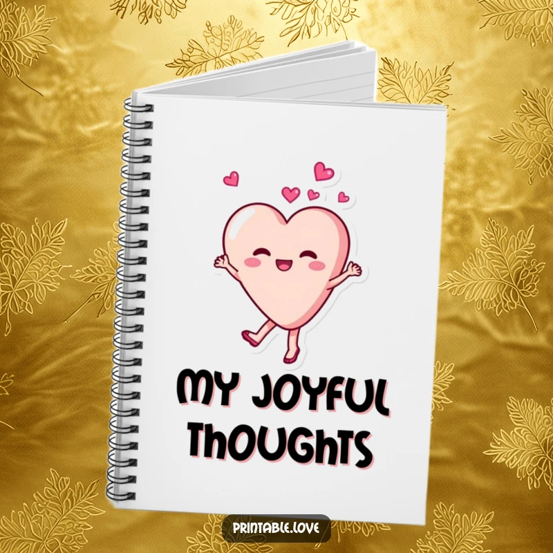 Funny, joyful heart character dancing and twirling with delight on a notebook, perfect for writing happy thoughts.