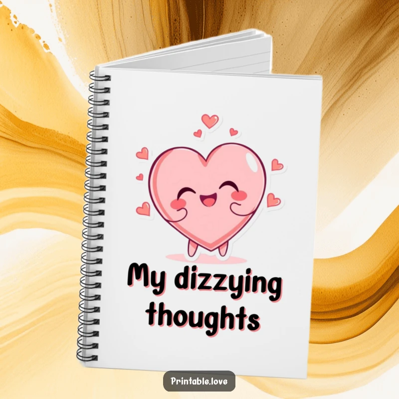 Funny heart character joyfully tumbling head over heels on the cover of a notebook, inspiring energetic entries.