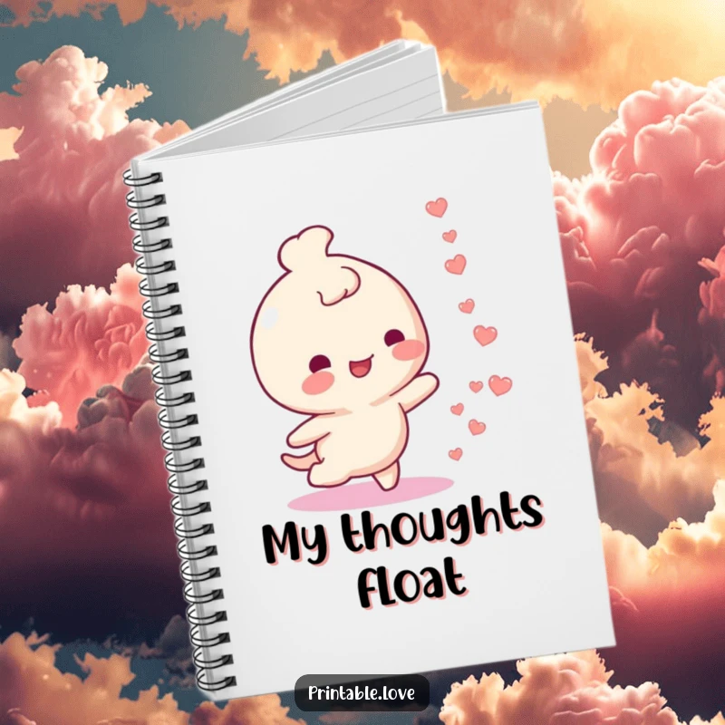 Funny notebook with a happy character leaving a trail of small hearts. Ideal for journaling happy thoughts.