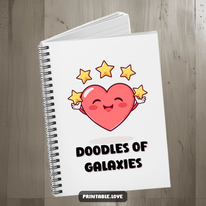Funny notebook cover featuring a heart character with a silly grin, juggling three tiny stars, ready to capture bright ideas and dreams.
