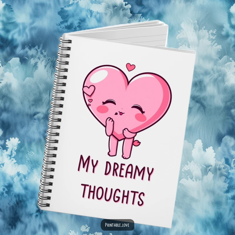 Funny heart character blowing a kiss with a dreamy expression on a notebook, perfect for writing love notes.