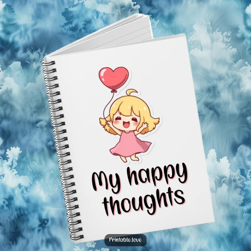 Funny Notebook: A Kawaii character joyfully twirls with a heart balloon, ready to capture your notes.