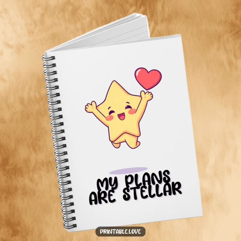 Funny Kawaii Star Character Doing a Joyful Leap Holding a Heart Aloft, Ideal for Notes, Funny Gift