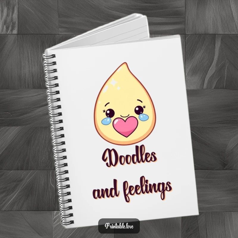 Funny kawaii teardrop character notebook, crying happy, sparkly tears forming a heart, ideal for journaling joy.