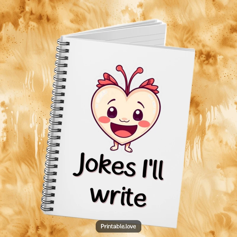 Funny heart character with wide eyes, bursting with laughter on the cover of a notebook, inspiring humorous entries.