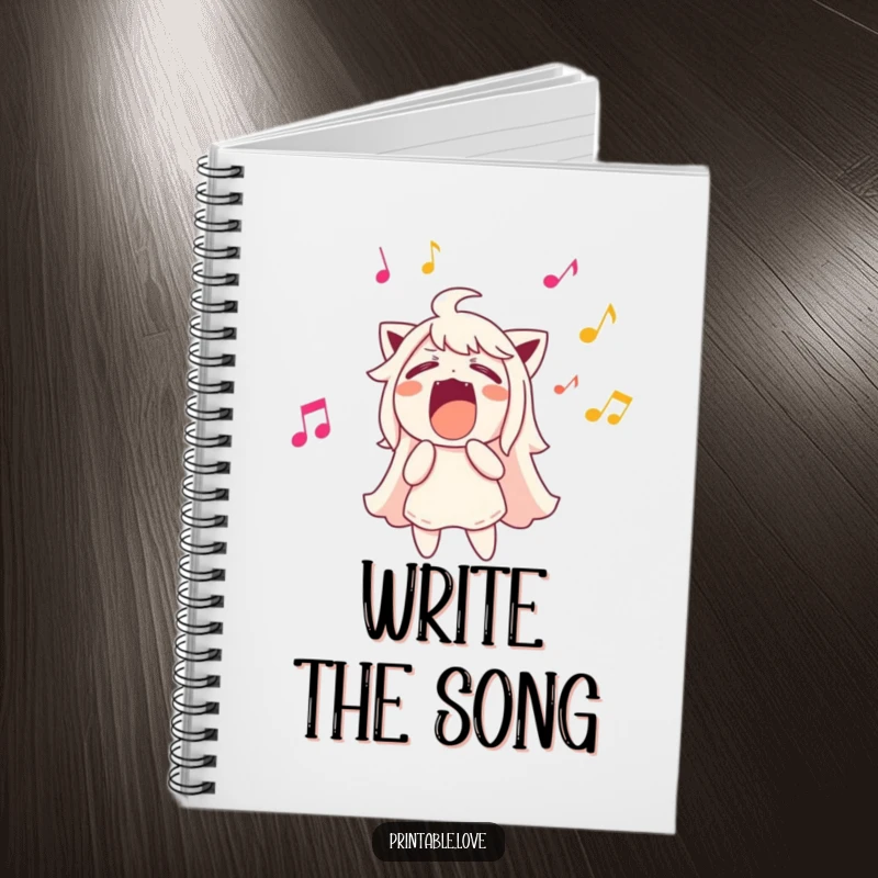Funny character singing loudly, musical notes flying out, lined notebook, great for songwriting.