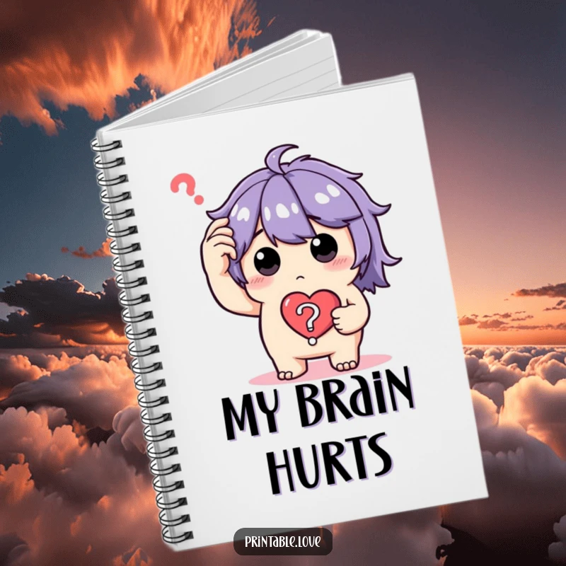 Funny Notebook with a perplexed character holding a heart question mark, ideal for jotting down ideas, questions, and thoughts.