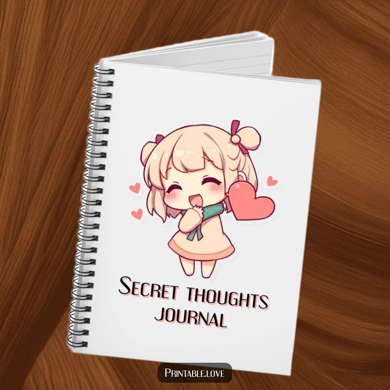 Funny secret whisper notebook featuring a character excitedly whispering into a heart-shaped ear, ideal for journaling and personal notes.