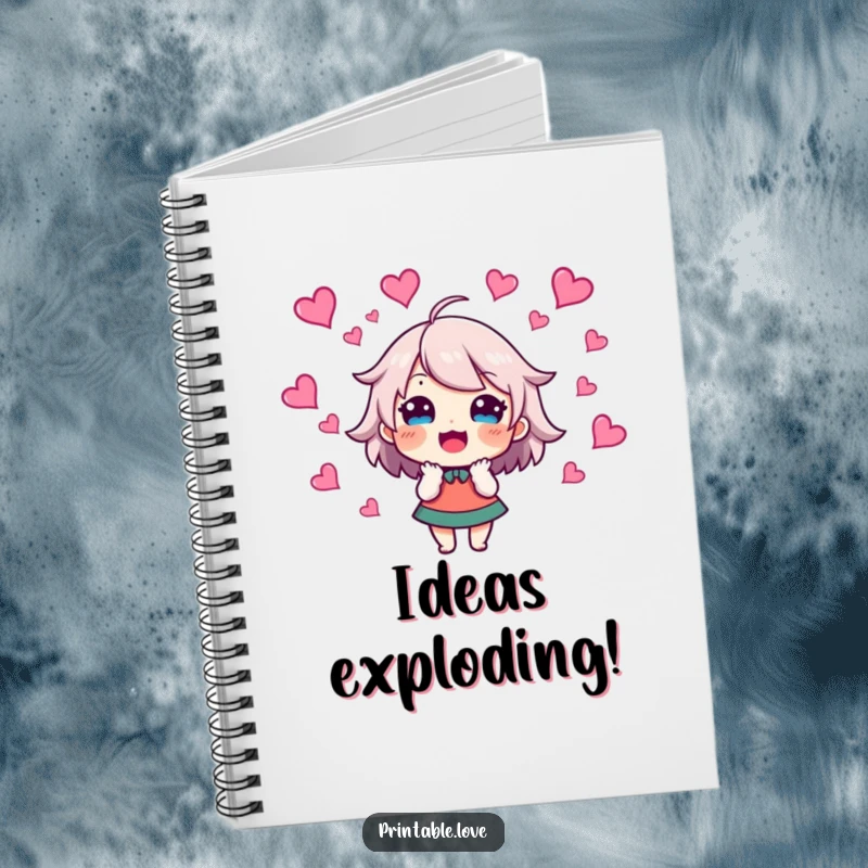 Funny Notebook with an excited character surrounded by swirling hearts, perfect for journaling, planning, and note-taking.