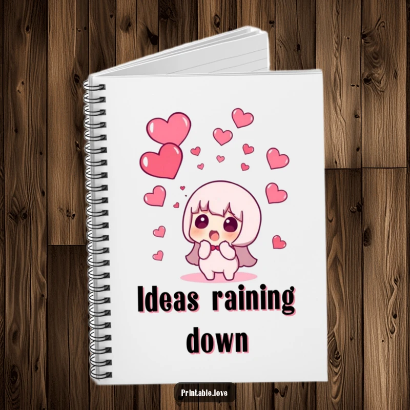 Funny notebook with a character looking shocked as red hearts rain down, perfect for capturing funny notes.