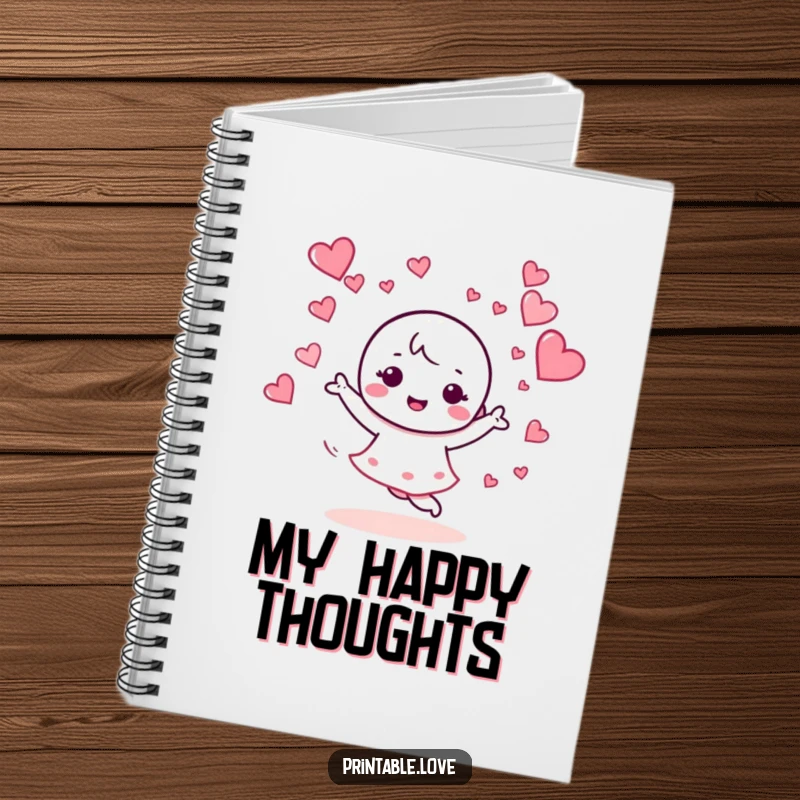 Funny notebook with a kawaii character dancing joyfully surrounded by swirling hearts, ideal for creative writing and brainstorming.