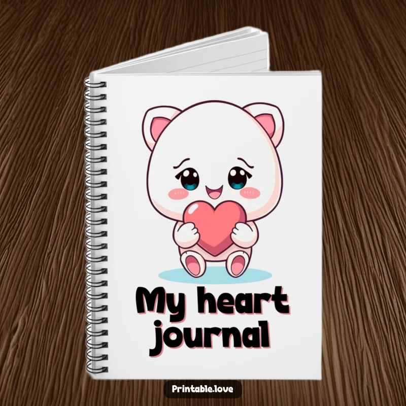 Funny smiling character on a notebook cover, gifting a heart with beaming eyes, a delightful and useful stationery item.