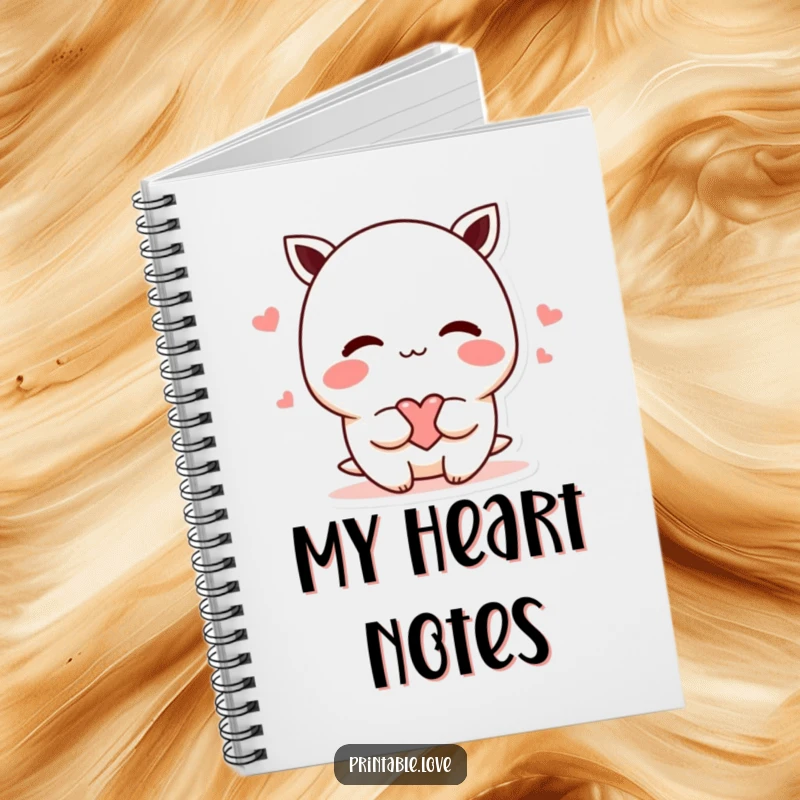 Funny shy kawaii character notebook, journaling thoughts, blushing and offering a heart, cute stationery, perfect for writers and students.