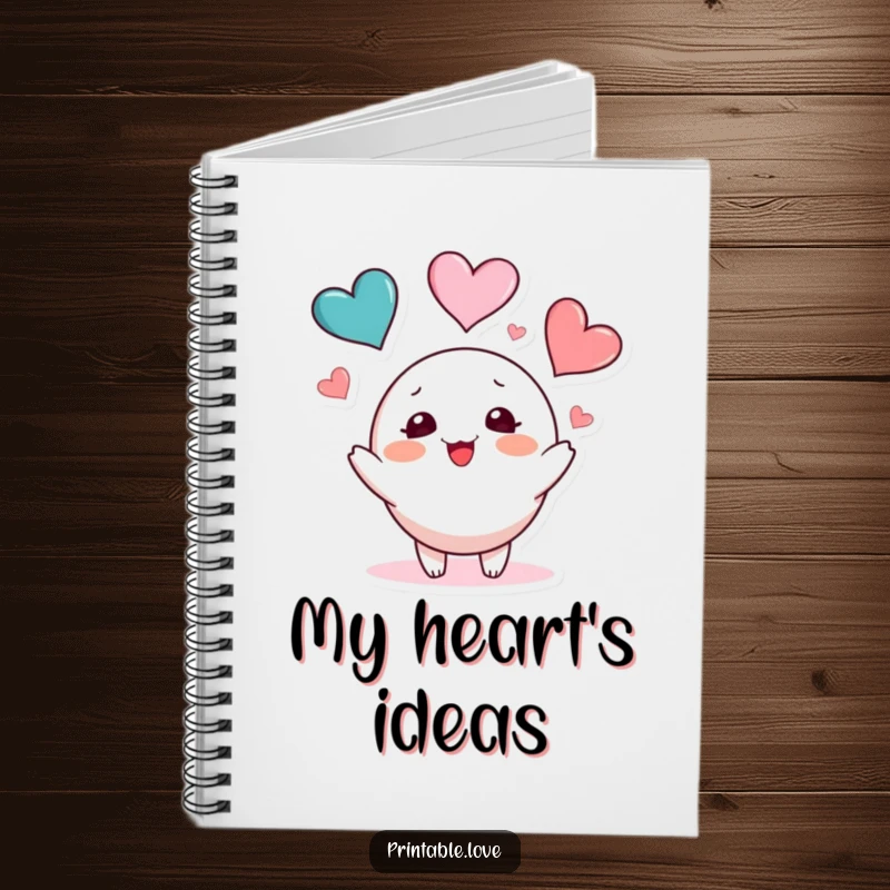 Funny heart juggling notebook featuring a round, blushing character playfully juggling three colorful hearts, ideal for writing and journaling.