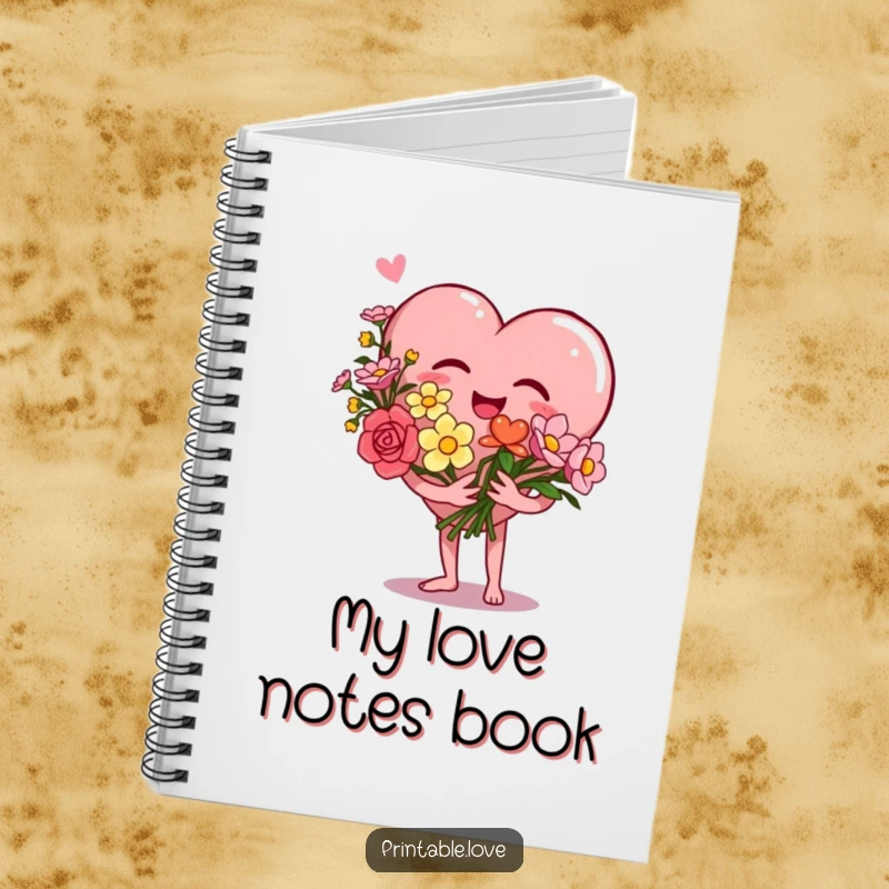 Funny Heart Notebook featuring a giggling heart character holding a bouquet of flowers, ideal for jotting down thoughts with love and humor.