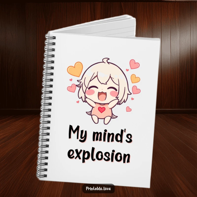 Funny excited character notebook, hearts bursting around the head, ideal for notes.