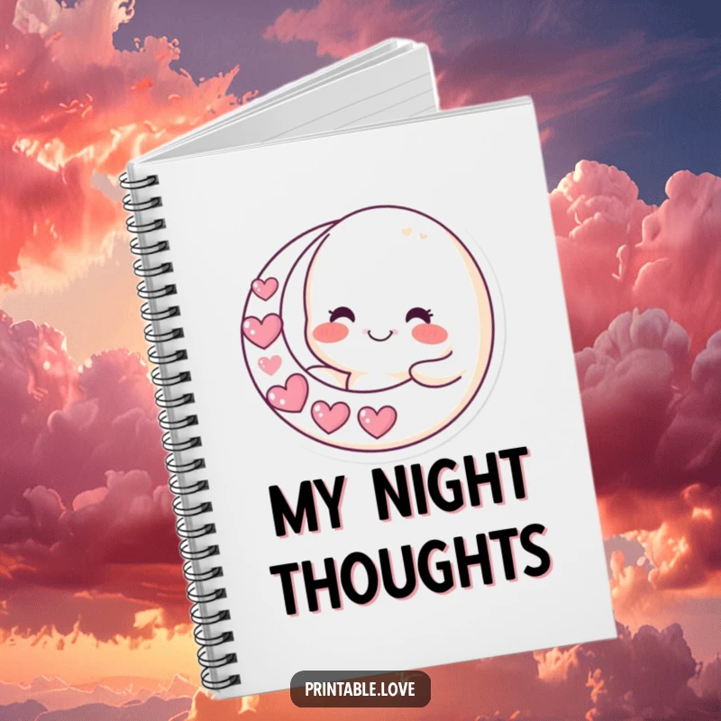 Funny moon notebook with a smiling character holding a crescent moon made of hearts, perfect for jotting down dreams and ideas.