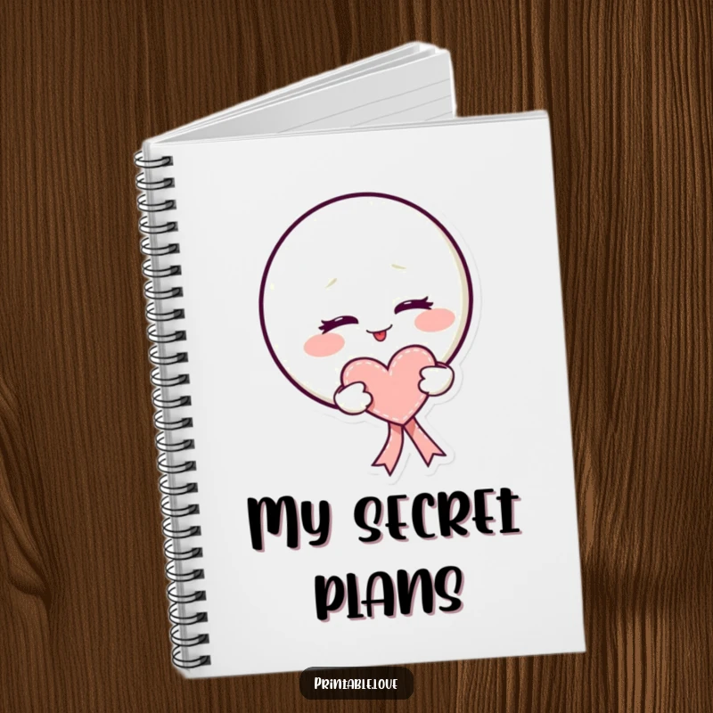 Funny kawaii moon notebook featuring a mischievous wink and a heart-shaped ribbon, perfect for writing and drawing.