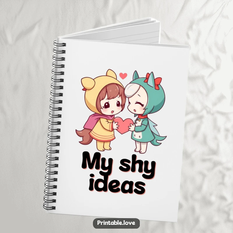 Funny shy character notebook, a playful figure offering a heart, ideal for notes.