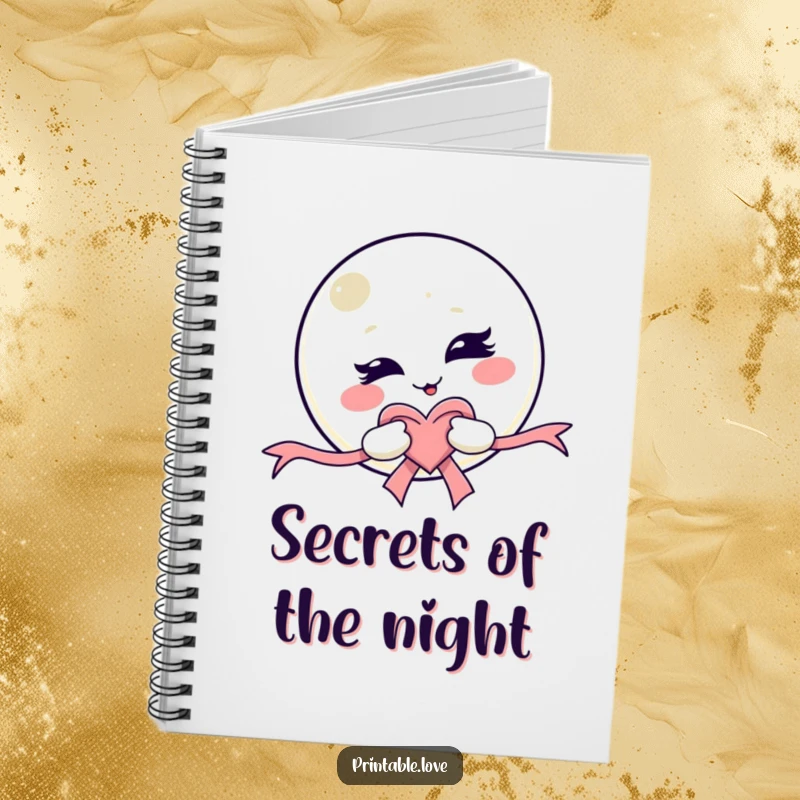 Funny Kawaii Moon Notebook: Lined pages with a mischievous winking moon character holding a heart ribbon, perfect for jotting down ideas.