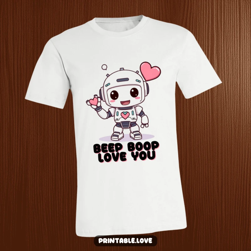 Funny Kawaii Robot Shirt: A delightful robot with a heart performs a silly, exaggerated bow, showcasing its sweet and funny personality.