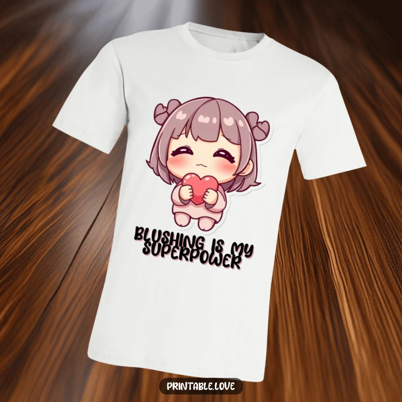 Funny T-Shirt: A cute, shy character is blushing deeply while holding one small, delicate heart.