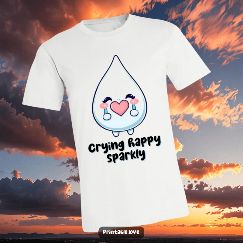 Funny Kawaii Teardrop T-Shirt: A cute teardrop character sheds happy, sparkly tears that form a heart, perfect for expressing feelings.