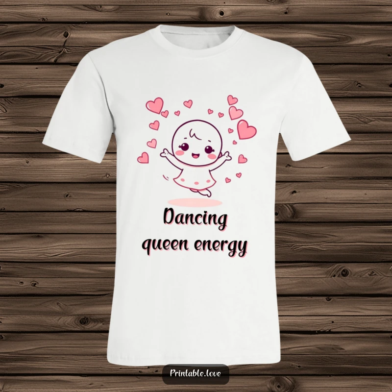 Funny t-shirt featuring a kawaii character in a dynamic dance pose with hearts swirling enthusiastically, embodying pure joy and celebration.